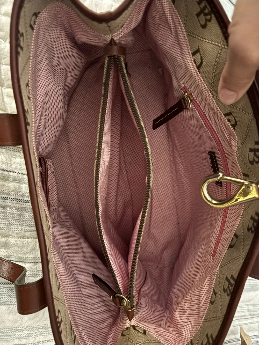 Dooney & Bourke Tan/Brown Signature Jacquard Tote with Leather Trim